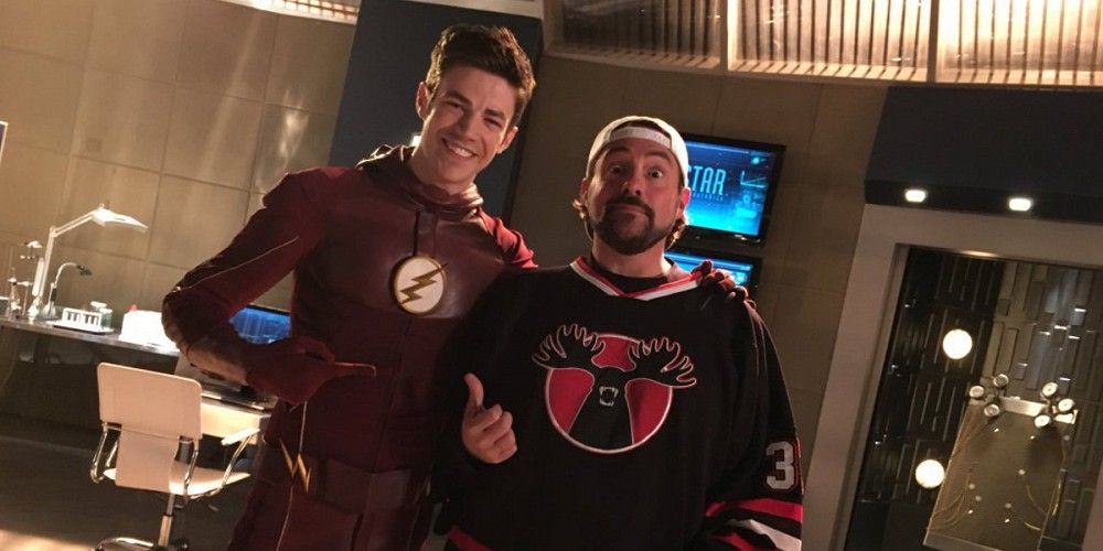 Grant Gustin Kevin Smith on the set of The Flash Runaway Dinosaur
